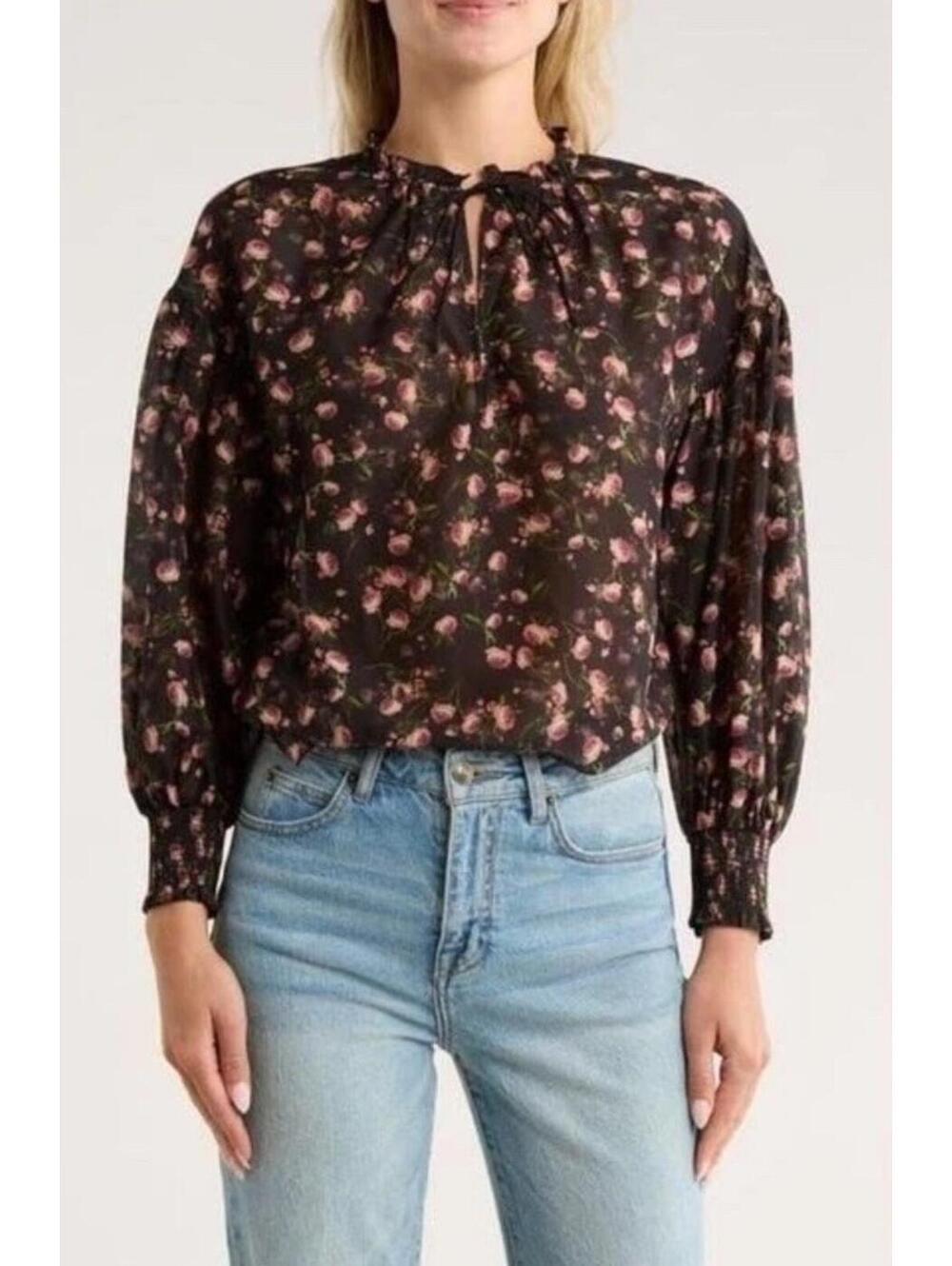 New Alice + Olivia Julius Floral Silk Blend Voile Blouse In Black Multi S $395